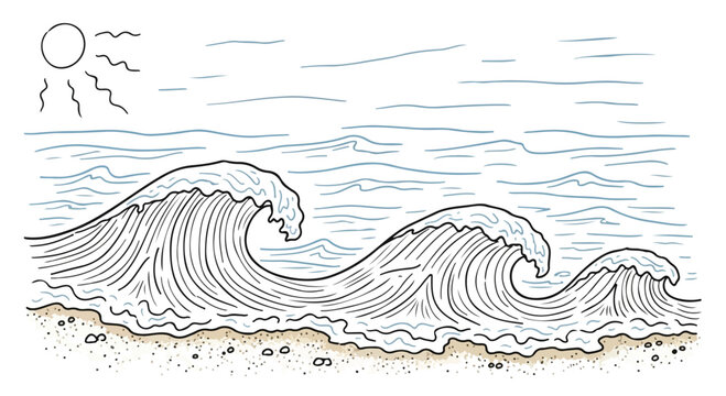 Hand drawn ocean waves on sandy beach, vintage coastal landscape with sun and sea surf, retro nautical line art vector illustration