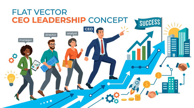 Businessman leads team up steps to success with growth graphs and cityscape