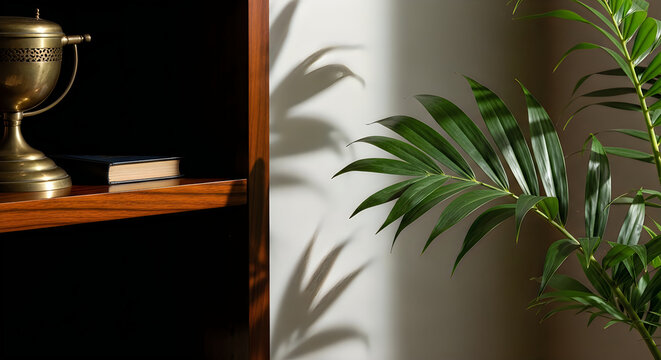 trophy on wooden shelf with green plant and book in modern interior