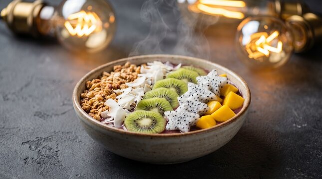 American Breakfast Aca? Bowl with Granola, Coconut Flakes, Kiwi, Dragon Fruit a