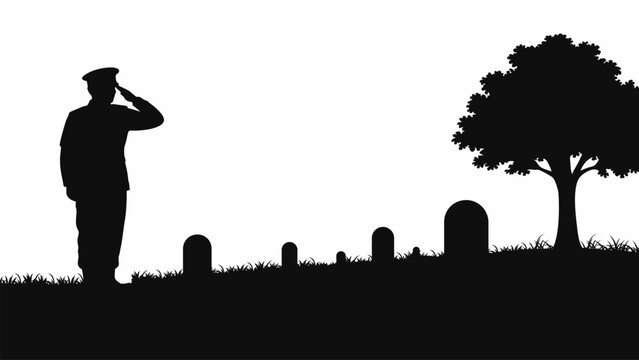 silhouette illustration of a soldier saluting in a cemetery, symbolizing respect, remembrance, and honor for fallen heroes