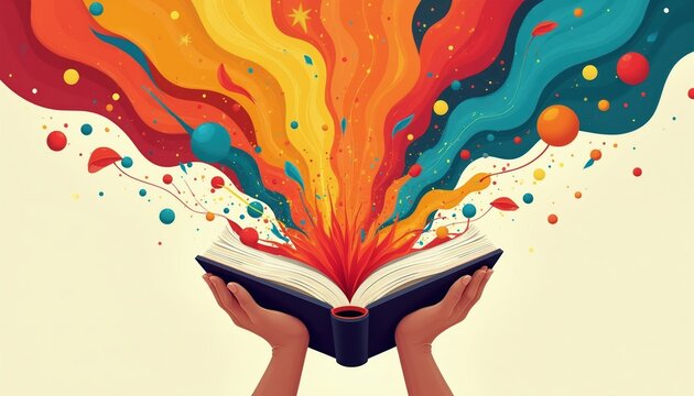 Hands hold open book. Colorful abstract waves burst upward. Imagination, creativity, knowledge, learning explode from pages. Storytelling art concept.