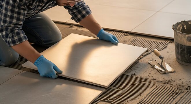 Professional Tiler Installing Large Format Ceramic Floor Tiles During Home Renovation