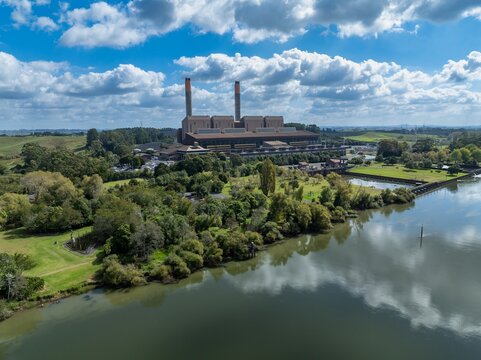Aerial view of the Huntly Power Station, a natural gas and coal-fired power plant, located in the Waikato region of New Zealand, supplying electricity.