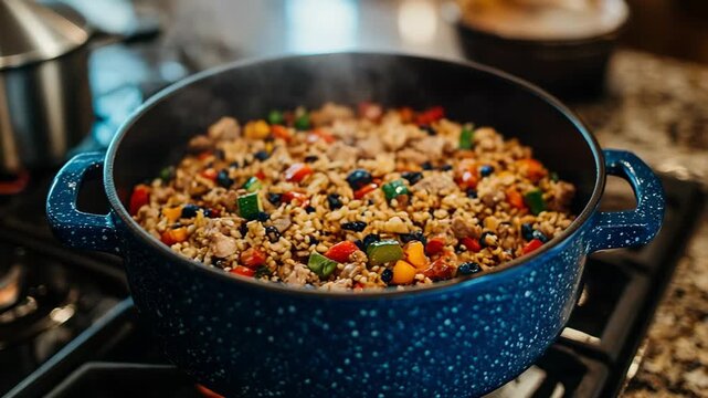 selective focus traditional kazan on stove with vegetables and meat sizzling inside