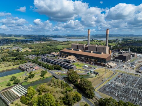 Aerial view of the Huntly Power Station, a natural gas and coal-fired power plant, located in the Waikato region of New Zealand. It provides electricity to the national grid.