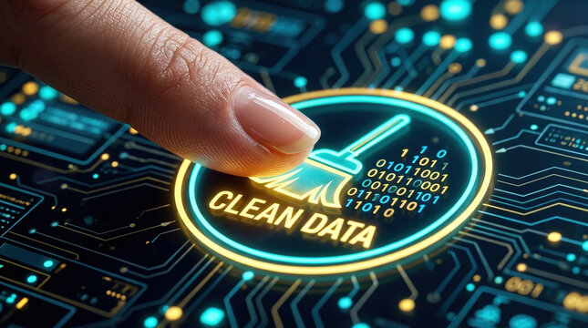 Clean data ai filter on digital circuit board with finger touch and binary code, concept of content security and data hygiene