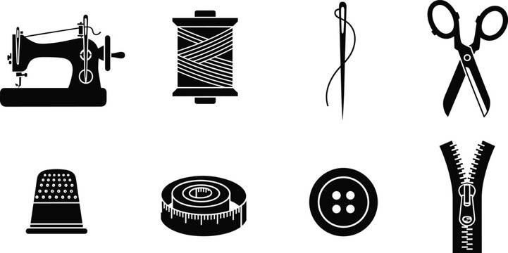 Sewing tools and supplies machine thread needle scissors thimble measuring tape button zipper.