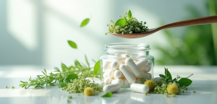 White capsules in glass jar with herbs. Wooden spoon holds plant material. Natural supplements for health and wellness. Green leaves float around.