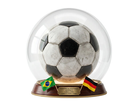 Soccer Ball on White Background in Glass Case with Brazil and Germany Flags