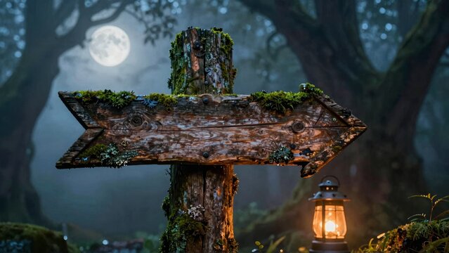 Cinematic Fantasy Forest Signpost with Glowing Lantern and Moon
