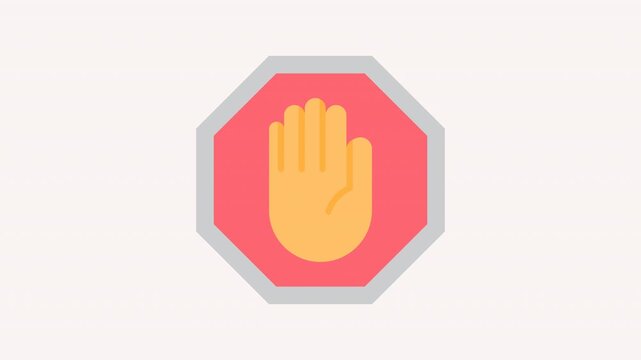 Animated octagonal stop sign icon with a yellow hand expanding from the center in a "stop" motion. Ideal for warnings, traffic control, or interactive buttons. 4k quality.
