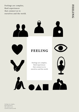 Minimal feeling concept icon set with human emotions, silhouettes of people, heart, eye and abstract symbols in clean black style for psychology and social themes