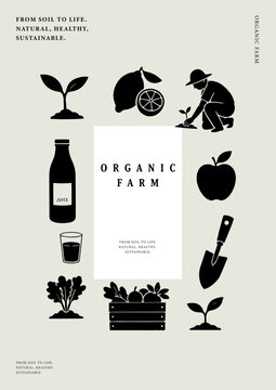 Minimal organic farm icon set with agriculture elements, plant, fruit, farmer and tools in clean black silhouette style for eco, food and natural product design