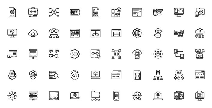 Web Development icon set. Vector icons pack for file, repair, app, data, cloud, server, network, SEO, CMS and more. Editable thin line illustrations.