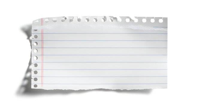 Torn lined paper sheet with red stripe and shadow white background ruled lines isolated copy space document abstract background perforated template