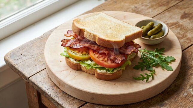 American Lunch Food Blt Sandwich on Thick White Toast with Crispy Applewood Baco