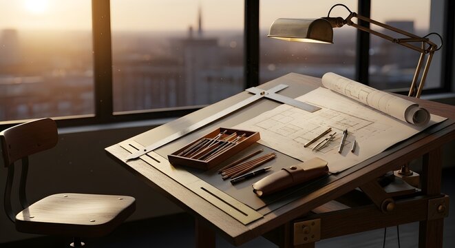 Architect's drafting table at sunset.