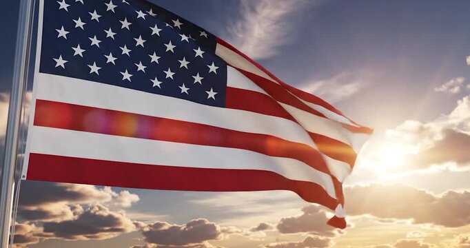 United States flag waving against a sunset sky with golden sun flare