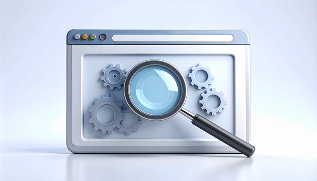Magnifying glass and gears within a3D browser window for analysis