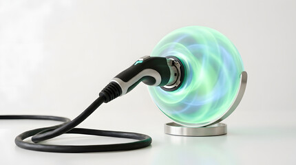 Naklejka premium Electric vehicle charging connector powering green luminous energy sphere on stand clean electricity concept white background