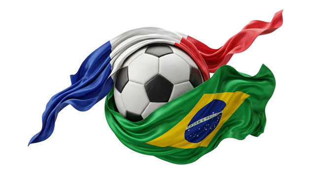 Brazil and france flags wrapped around a soccer ball in motion isolated on transparent background
