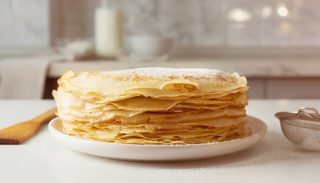 A tall stack of delicate golden crepes dusted with powdered sugar sits on a white plate, perfect for breakfast or dessert.