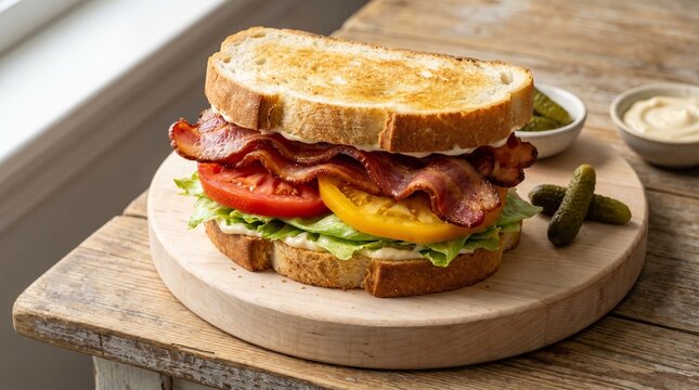 American Lunch Food Blt Sandwich on Thick White Toast with Crispy Applewood Baco