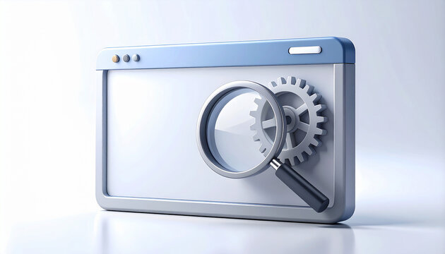 Magnifying glass over browser window with gears for search and analysis