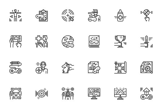 Game Development icon set. Vector icons pack for simulator, shooter, racing, mobile game, developer, visuals, sound effects and more. Editable stroke.