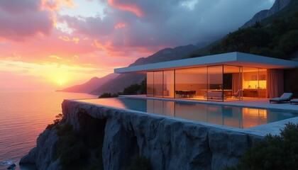 Obraz premium Modern cliffside house with infinity pool offers ocean sunset view. Sleek architecture, glass walls reveal luxury interiors. Mountain backdrop, tranquil atmosphere for ultimate relaxation.