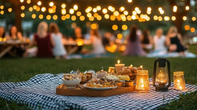 selective focus outdoor party in scenic open field with guests enjoying food music and string lights