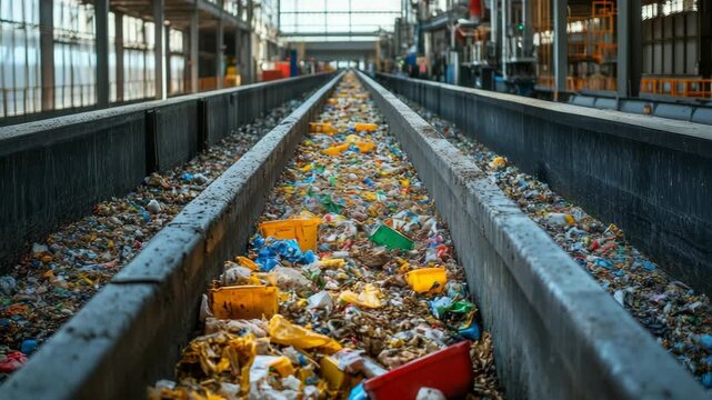 selective focus regional MRF plant with robotic arms sorting waste into colorful material fractions