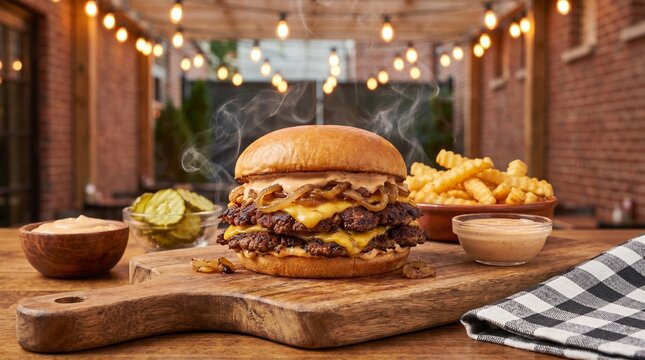 American Bbq Grilling Smash Burger Double Stack with Caramelized Onions and Specia