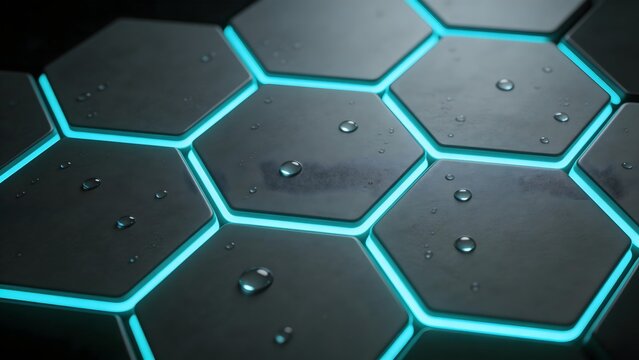 Hexagonal pattern with glowing edges and water droplets