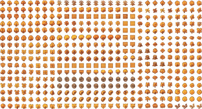 Autumn leaf pixel art collection, retro 8-bit fall foliage icons, large set of orange and brown forest nature sprites for game design and web UI