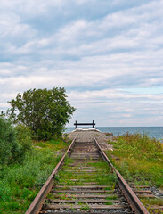 Overgrown railway tracks extend to wooden endpoint barrier overlooking the calm water under a cloudy sky © Evgenii Bakhchev