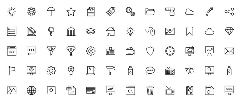 Web Design and Programming icon set. Vector icons pack featuring electricity, cogwheel, protection, cloud computing, code, data storage, design tools and more. Editable stroke.