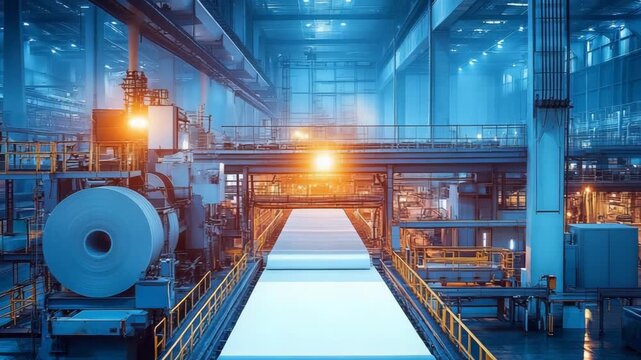 selective focus industrial paper recycling factory with pulp processing machines and bright ambient lighting