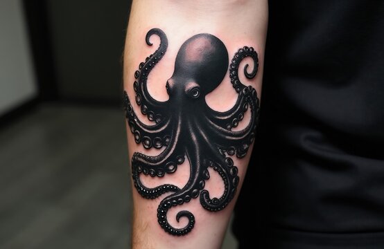 Black dotwork octopus tattoo adorns forearm, showcasing detailed tentacles and suction cups. Its bold monochrome shading and elegant style create a mysterious marine animal vibe for body art.