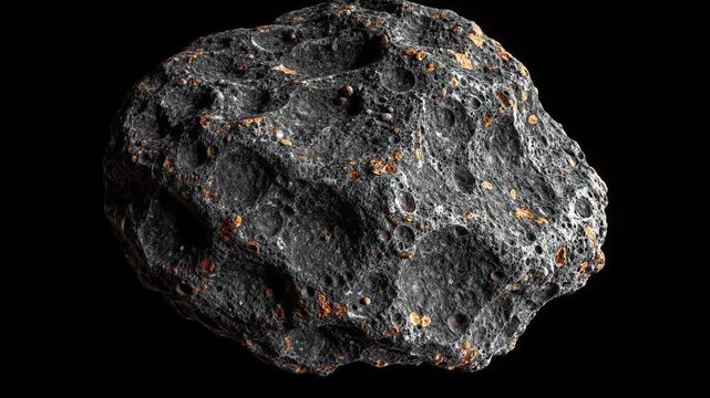Close up of a Rough, Dark Meteorite Rock Specimen Against a Black Background for Scientific Study