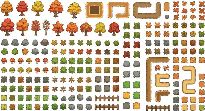 Pixel art autumn game assets, retro 2D nature tileset with orange trees and dirt paths, vintage RPG forest environment elements vector