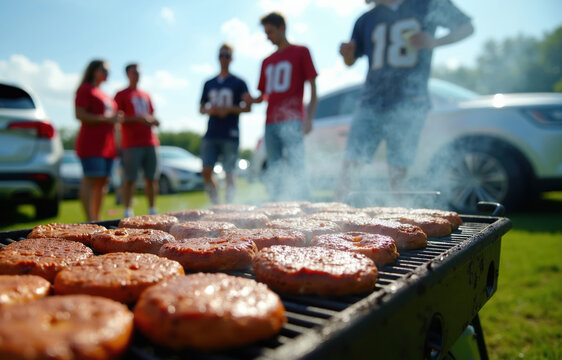 Outdoor BBQ party with burgers on grill. Friends in team jerseys gather near cars. People enjoying grilled food, drinks, sunny day outside. Casual fun outdoor event.