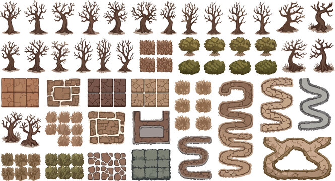 Fantasy RPG map assets vector set, hand-drawn dead trees and winding paths, top-down game environment elements, spooky forest landscape tiles