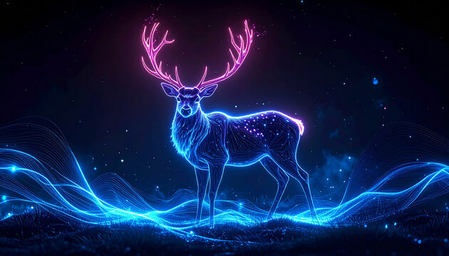 Neon deer with glowing antlers in digital landscape