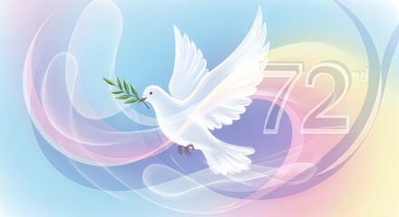 Fototapeta premium White dove flying with olive branch in soft pastel background illustration