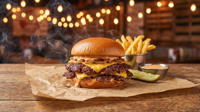 American Bbq Grilling Smash Burger Double Stack with Caramelized Onions and Specia