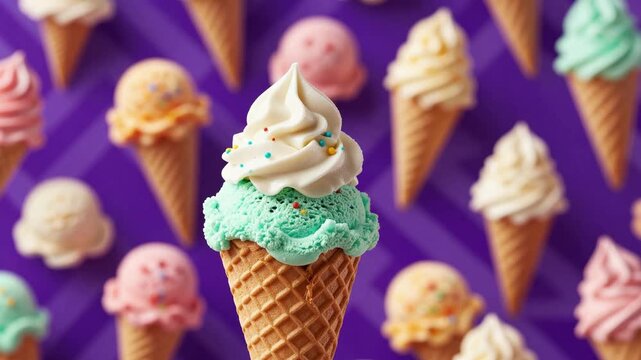 Colorful Assortment of Delicious Ice Cream Cones on a Vibrant Purple Background for Sweet Summer Treats