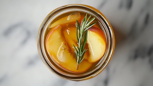 Iced tea in a glass jar, with sliced peaches and rosemary