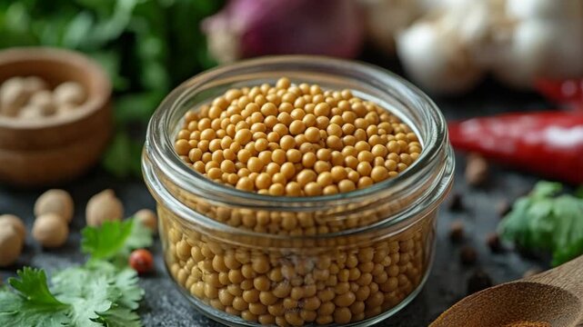 selective focus rustic spice arrangement mustard seeds jar colorful seasoning composition